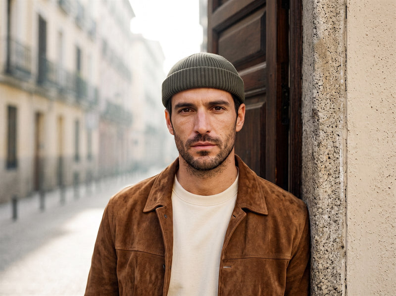 Hombre con gorro de punto verde y chaqueta de ante en una calle