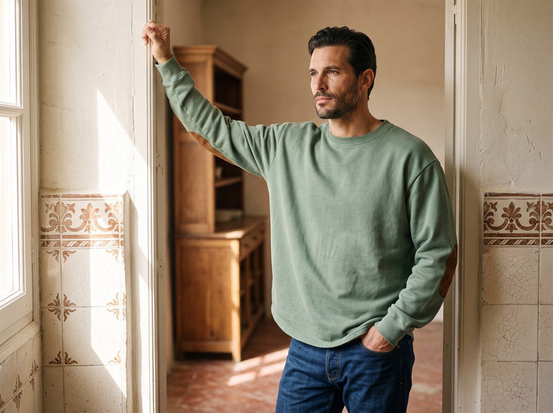 Hombre con sudadera verde salvia junto a una ventana