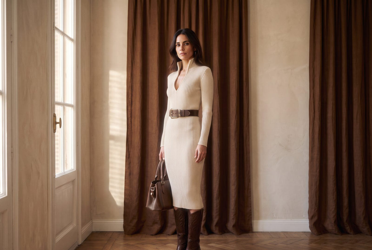 Vestido de punto acanalado con cinturon y botas altas