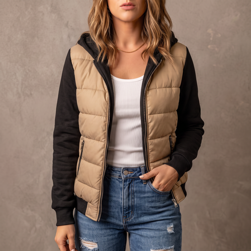 Chaqueta Irene acolchada camel con mangas y capucha negras, con vaqueros