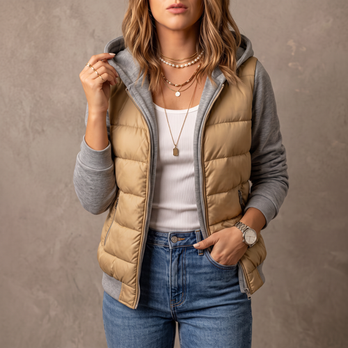 Chaqueta Irene acolchada camel con mangas y capucha de punto gris